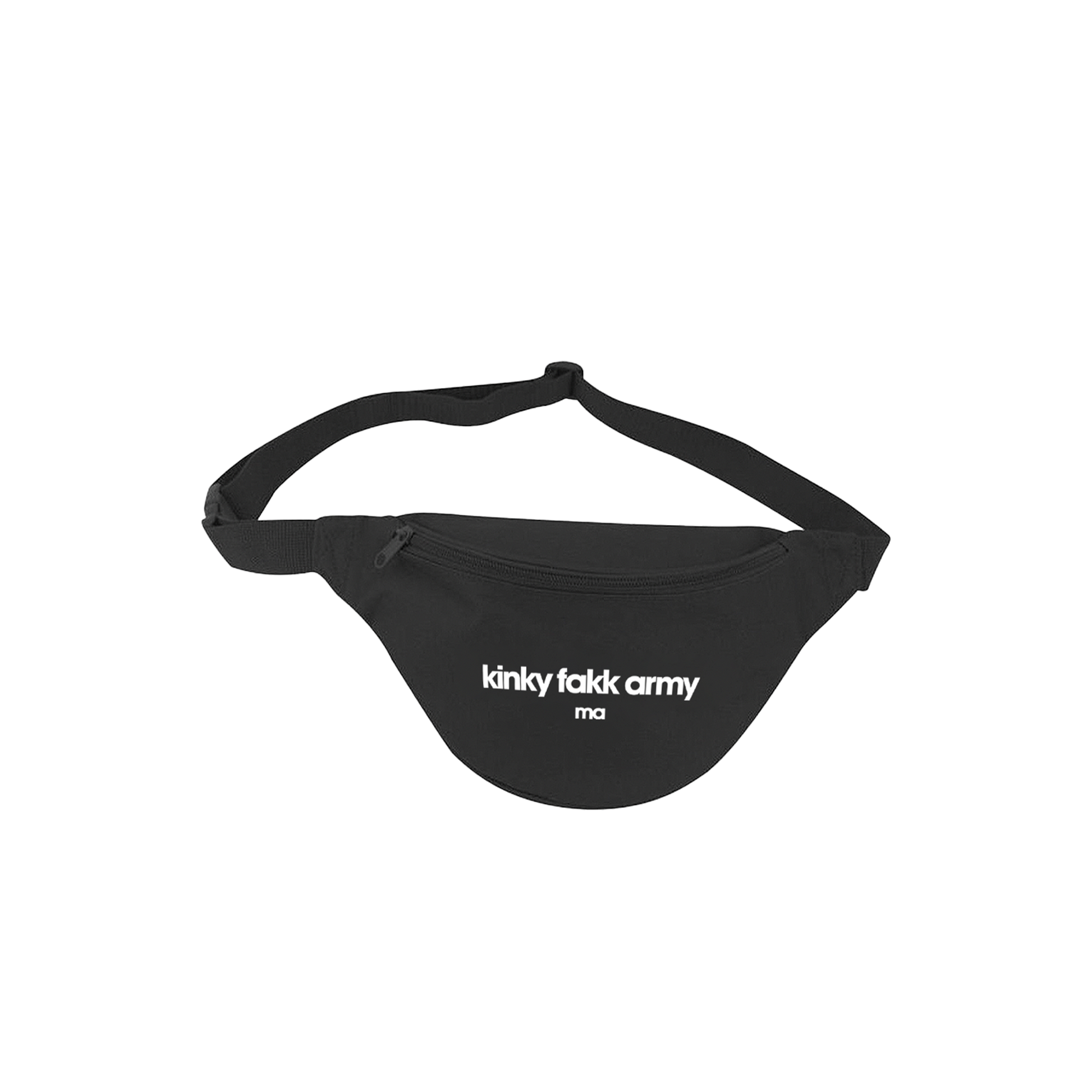 Black waist bag with 'kinky fakk army' text on a white background