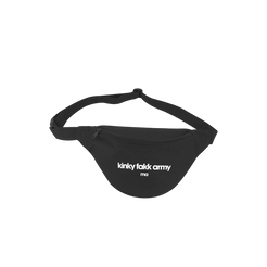 Black waist bag with 'kinky fakk army' text on a white background