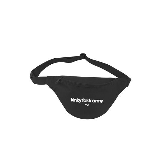Black waist bag with 'kinky fakk army' text on a white background